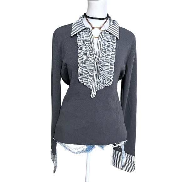 Studio G Gray Ruffled Button Down Shirt - Picture 1 of 10